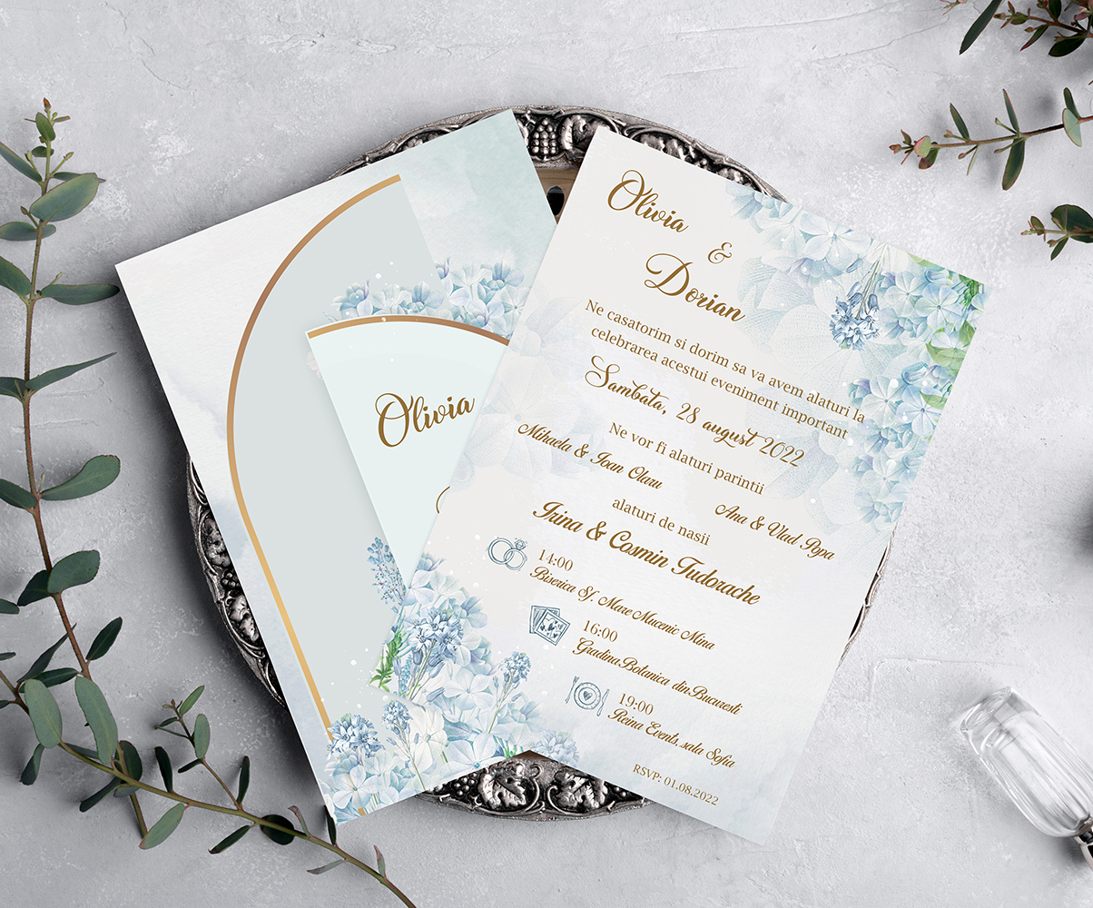 Two Wedding stationery invitation card mockup 5x7 on grey background with eucalyptus, Menu card mockup with festive wedding or birthday table setting, silver retro vintage plate with blank card mockup